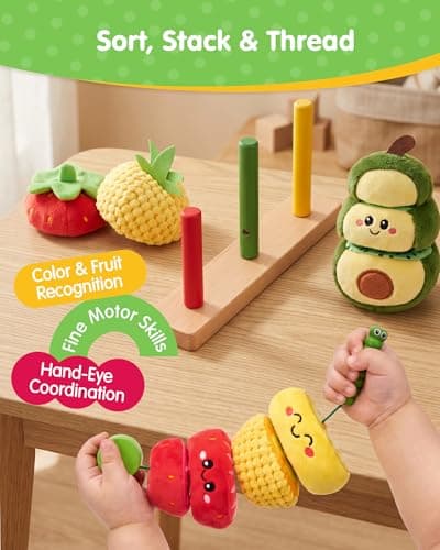 hahaland Stacking Rings Baby Toy - Soft Sorting & Stacking Fruits with Wooden Stacker, Threading Toy 12 Months+ Developmental Color Matching Montessori Toys 1 Year Old Boy 1st Birthday Girl Gifts - Thumbnail 3