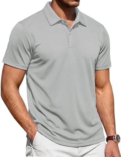 Cotrasen Men's Polo Shirt Short Sleeve Pique Cotton 2 Buttons Shirts Golf Solid Nice Work Tennis Polo Light Grey M - Image 1