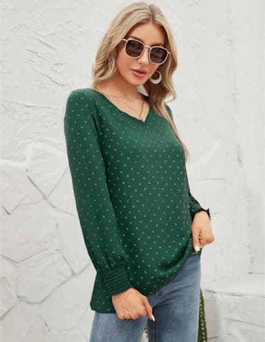 GAMISS Basic Stretchy Blouse Swiss Dot Shirt for Women Long Sleeve V Neck Shirt Beige, L - Thumbnail 2