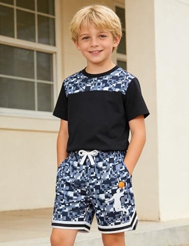Cozople Boys Sports Shorts Size 8 Kids Grey Mosaic Print Running Short Lightweight Basketball Shorts Casual Daily Wear - Thumbnail 2