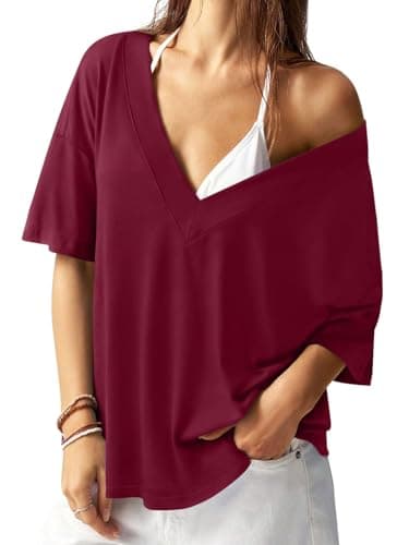 REORIA Women's Trendy Oversized V-Neck T Shirt Short Sleeve Off The Shoulder Contrast Stitching Loose Fit Tops for 2026 Spring Summer Burgundy Small - Image 1