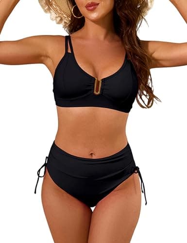 Nillocco 2 Piece Swim Suits for Women 2025 Swimsuits for Curvy Women High Waisted Bikini Sets U-Wire Cutout Tummy Control Bathing Suit Black Medium - Thumbnail 5