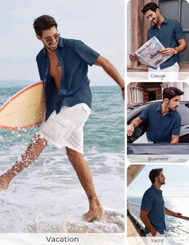 PJ PAUL JONES Men's Short Sleeve Button Down Shirt Casual Linen Summer Beach Wedding Dress Shirt Navy - Thumbnail 2