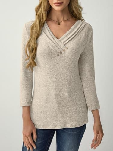 GKBK Womens 3/4 Sleeve Tunic Tops for Leggings V Neck Button Loose T Shirts 2026 Fall Summer Dressy Business Casual Blouse Pullover Sweatshirt Work Cute Fashion Trendy Sweater Outfit Clothes Khaki S - Thumbnail 2