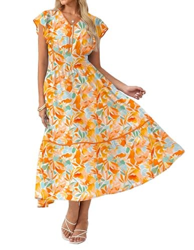 GRACE KARIN 2026 Summer Wedding Guest Dresses for Women Ruffle Sleeve Boho Midi Dress Smocked Flowy Floral Dress with Pocket Orange Blue XXL - Image 1