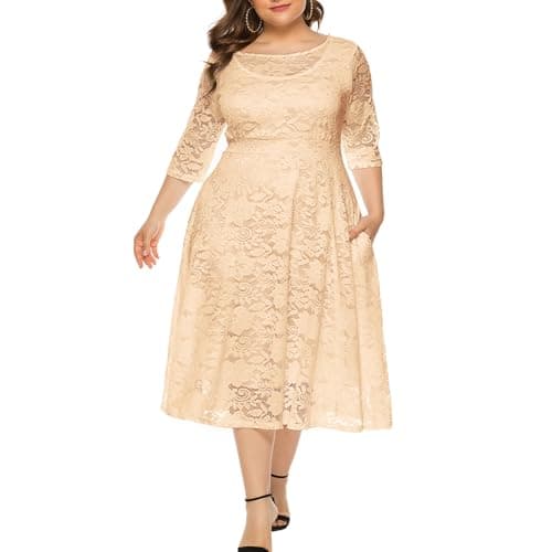 Eternatastic Womens Scooped Neckline Floral lace Top Plus Size Cocktail Party Midi Dress XXL Beige - Image 1