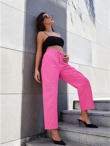 LOOKBOHO Women's Summer Pants 2026 Cargo High Waist Travel Wide Leg Baggy Parachute Casual Drawstring Lightweight Hiking Trouser Streetwear with Pockets Hot Pink Large - Thumbnail 5
