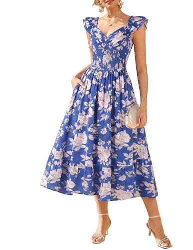 GRACE KARIN Women's Summer Floral Maxi Dress 2026 Ruffle Sleeve Smocked Sundress Flowy Wedding Guest Long Dresses Dark Blue M - Image 1