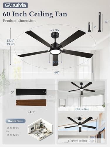 Glowivia 60 Inch Ceiling Fan with Lights and Remote, Smart APP Control, Dimmable with All-Setting Memory, Quiet DC Motor Reversible Blades, Damp Rated Modern Ceiling Fan for Bedroom Patio Living Room - Thumbnail 6