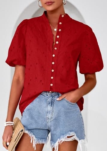 Lazysmile Summer Boho Tops for Women Short Sleeve V Neck Button Down Hollow Out Lace Embroidered Blouses Shirts - Thumbnail 6