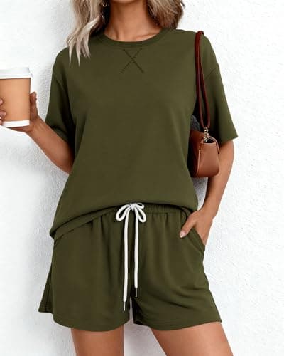Zenlonr Women's Two Piece Lounge Sets 2026 Summer Casual Oversized Shirts Shorts Matching Airport Travel Outfit(Army Green,Large) - Thumbnail 3