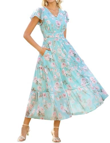 GRACE KARIN Women Summer Dress,Maxi Floral Dresses,Wedding Guest Flowy Dress 2026 Mint Green with Light Pink Roses M - Image 1