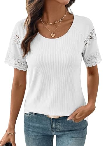 EVALESS Tops for Women Trendy Dressy Casual Spring Fashion Ribbed Knit Texture Crew Neck Short Sleeve Embroidery Pacthwork T Shirts Teachers Clothes, White Large - Image 1