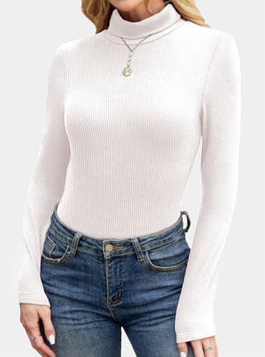 GKBK Women's Turtleneck Sweaters Long Sleeve Ribbed Basic Tees Shirts Lightweight Thermal Underwear Warm Layering Tops Fall Outfits 2025 Trendy White - Thumbnail 3
