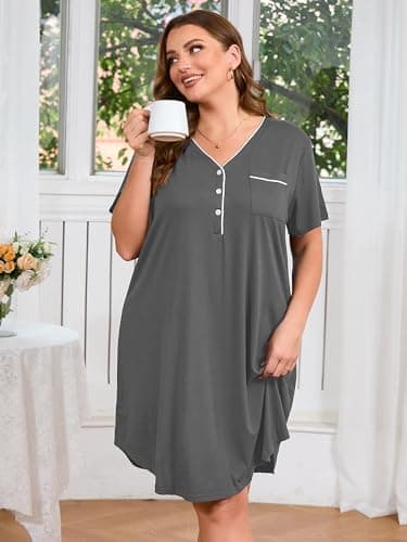 AusLook Plus Size Gray Nightgown for Women Midi Sleep 5X Dress Short Sleeve V Neck Loose Fit Lounge House Dress Soft Casual Night Dress - Thumbnail 3