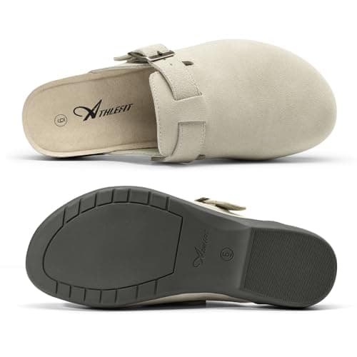 Athlefit Womens Casual Clogs Soft Cork Footbed Mules for Women with Arch Support Adjustable Buckle Slip On Shoes for Home Wear Travel Work Teachers Beige 7.5 - Thumbnail 6