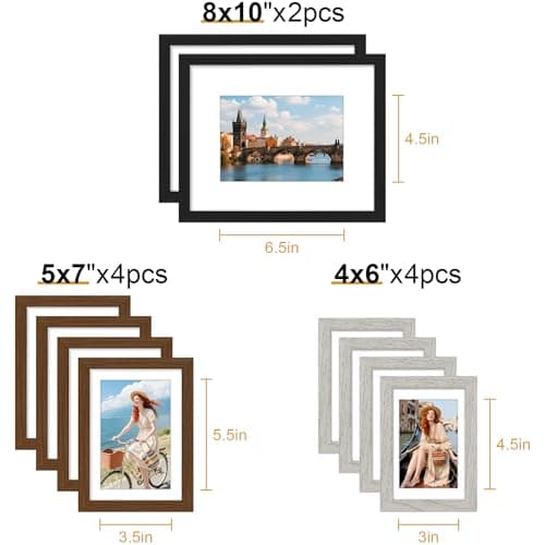 decorUhome Picture Frames Collage Wall Decor for Photo Gallery Display, Assorted Picture Frames set of 10 Including Two 8x10 / Four 5x7 / Four 4x6 for Family Wall Decor, Black/Brown/Grey, 10 Pack - Thumbnail 4