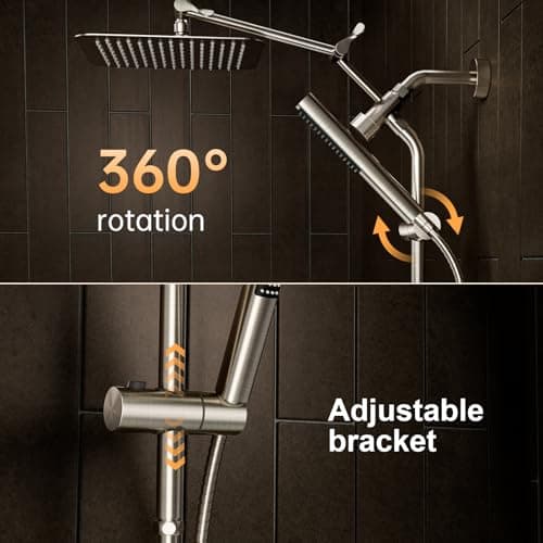 Veken 10" Luxurious Brushed Nickel All Metal Rain Shower Head with Handheld Spray Combo, High Pressure Rainfall Square Shower Heads with Extension Arm, Wide Dual Showerhead, Bathroom Accessories - Thumbnail 3