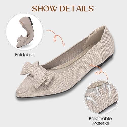 AHZEHRSE Ballet Flats Shoes for Womens Dress Shoes Comfortable Flats Shoes Pointed Toe Soft Casual Work Classic Dressy Wedding Shoes Knit Flats with Bow Beige - Thumbnail 6