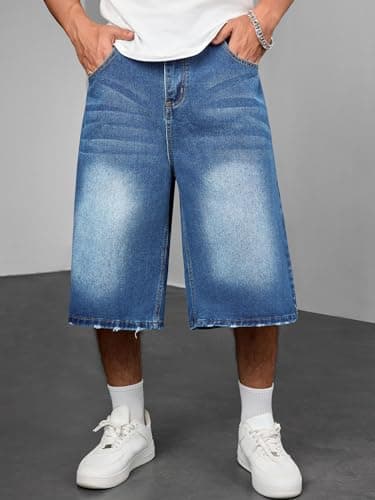 DISLANBO Men's Baggy Jeans Shorts Wide Leg Loose Fit Y2K Hip Hop Long Denim Shorts Streetwear Below Knee - Thumbnail 2