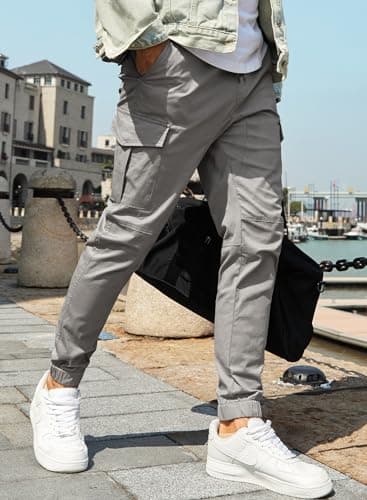 JMIERR Mens Fashion Cargo Pants - Casual Cotton Tapered Stretch Twill Chino Athletic Joggers Sweatpants Workout Trousers Travel Pants with Pockets for Men, US 38(XL), A Grey 2 - Thumbnail 6