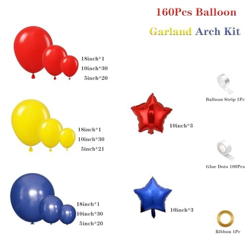 Carnival Circus Balloon Garland Arch Kit, 160Pcs Red Yellow Blue Latex Balloons with Star Foil Balloons for Birthday Party Wedding Baby Shower Bridal Shower Decorations - Thumbnail 2