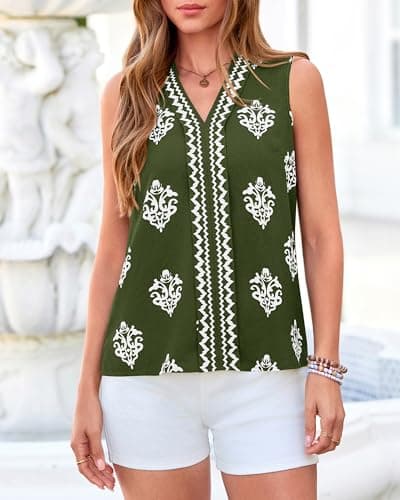 BTFBM Womens Tank Tops Floral Printed V Neck Sleeveless Spring 2026 Business Work Dressy Casual Shirts Chiffon Blouses(Army Green, XX-Large) - Thumbnail 6