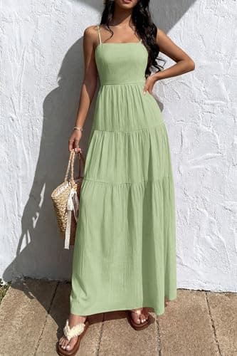 Okiwam Women's Summer Dress 2026 Casual Boho Sleeveless Spaghetti Strap Smocked Maxi Dress Ruffle Long Beach Sundresses-XXL Light Green - Thumbnail 3