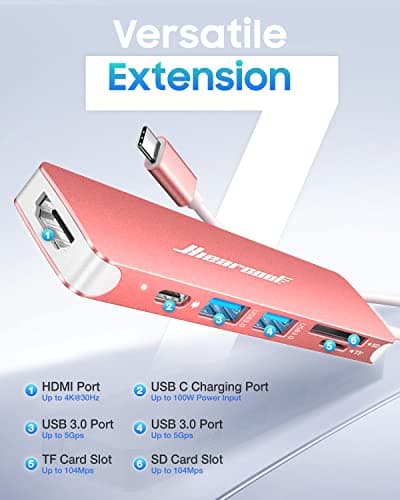 Hiearcool USB C Hub,USB-C Dongle,7IN1 USBC to HDMI Multple Adapter Compatible for MacBook Dell Lenovo Asus Thunderbolt 3 Thunderbolt 4 Type C Docking Station (HDMI USB3.0 TF/SD PD)-Rose Gold - Thumbnail 2