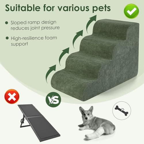 Olaivy Dog Stairs for Bed 17.7" H, 4-Step Dog Ramp for Aged and Injured Dogs, Up to 50 Lbs Foam Pet Stairs for Small Dogs and Cats to Get on Couch or Chair, Non-Slip, Steady, Washable Cover, Green - Thumbnail 3
