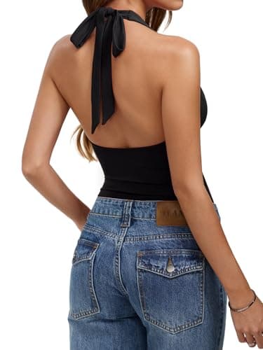 REORIA Womens Sexy Trendy Halter Cowl Neck Backless Body Suits Summer Open Back Double Lined Bodysuit Tank Tops Black Large - Thumbnail 2
