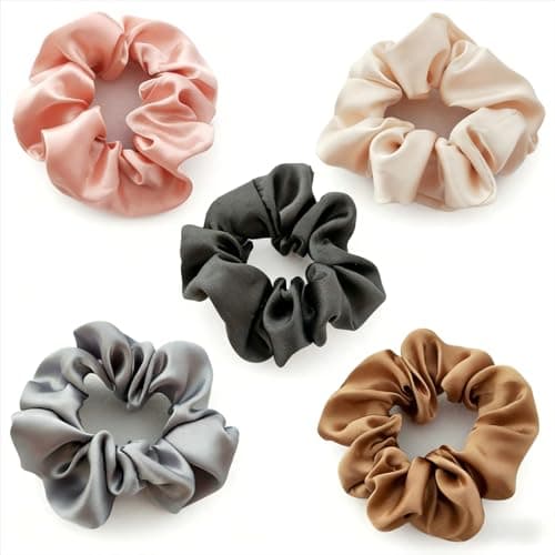 5 Pack Matte Scrunchies for Women, Soft Hair Scrunchies for Thick and Thin Hair, Neutral Hair Ties Ponytail Holders, Hair Accessories for Women and Girls, Apricot Black Gray Coffee Cream Yellow - Image 1