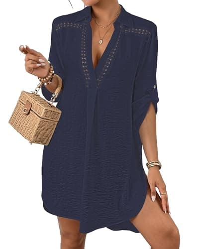 Bsubseach Women’s Swimsuit Coverup V Neck Bathing Suit Cove Up for Swimwear Long Sleeve Beach Dress Shirt Blue S - Image 1