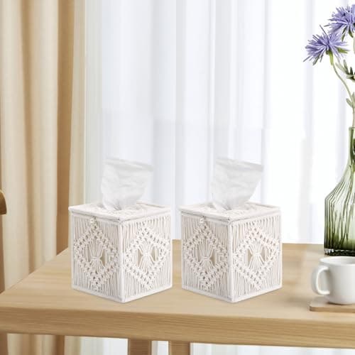 Macrame Tissue Box Cover, 6 Pack Square Boho Decor Tissue Holder, Handmade Woven Cotton Rope Organizer with Open Bottom for Bedroom, Bathroom, Living Room, Office - Ivory - Thumbnail 2