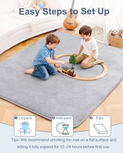 Thick Baby Play Mat for Floor,Padded Foam 59x39 Tummy Time Mat,Ultra Soft Support&Plush Feel Bedside Rugs,Non Slip for Toddler,Infants,Kids Play,Yoga,Baby Crawling (Light Grey) - Thumbnail 5