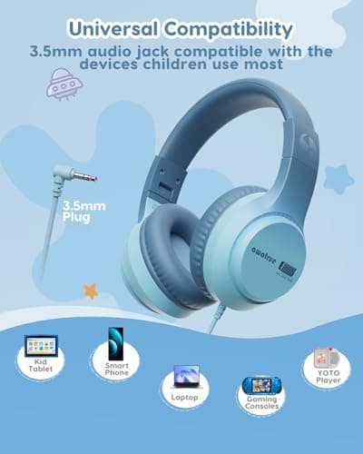 awatrue Kids Headphones, 74/85/94dB Volume Limiter, Foldable Wired Over Ear Headphones for Travel, 3.5mm Jack, Toddler Headphones for School, Chromebook, iPad, Tablet, Green - Thumbnail 6