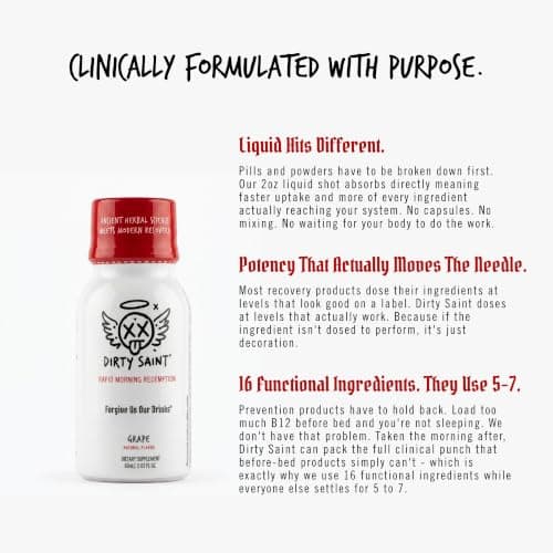 DIRTY SAINT Functional Wellness Shot, 16 Ingredients, Hovenia Dulcis, Glutathione, NAC, Milk Thistle, B Vitamins, Electrolytes, Zero Sugar, Zero Caffeine, Natural Grape, 2 oz, 12 Pack - Thumbnail 3