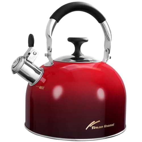 Tinlon Enamel 2.5 Qt Whistling Tea Kettle for Stovetop, Red
