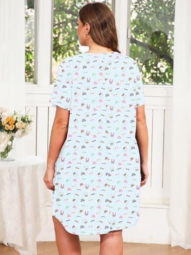 AusLook Plus Size Floral Nightgown for Women Midi Sleep 2X Dress Short Sleeve V Neck Flowy Lounge House Dress Casual Printed Night Dress - Thumbnail 5