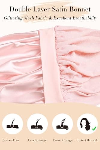 Vettres Satin Hair Bonnet for Sleeping Double Layer Bonnet with Tie Band Glittering Mesh Sleep Cap for Curly Natural Hair Pink - Thumbnail 4