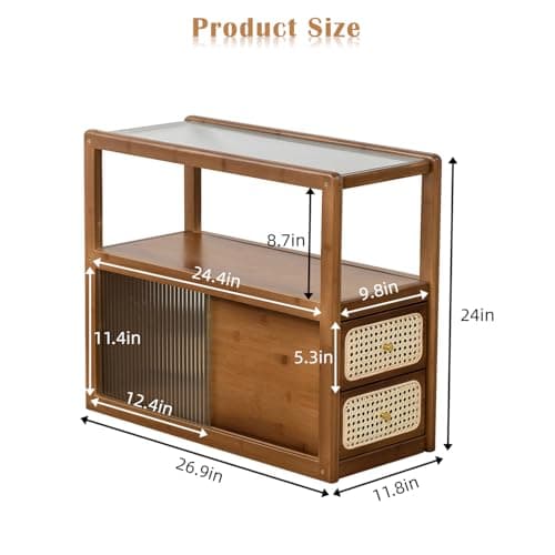 SOBIBO Bamboo Side Table Nightstand with Rattan Drawer & Glass Top – Multi-Function End Table, Nightstands with Storage for Bedroom, Living Room, and Small Spaces, Walnut - Thumbnail 2
