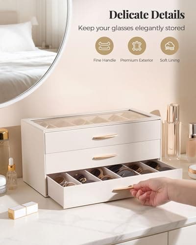 Lolalet 18 Slots Sunglasses Organizer Case for Women, 3-Layer Eyeglass Storage Holder Display Box with Clear Top Lid, Mothers Day Gifts -Cream - Thumbnail 4