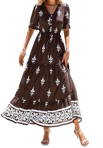 BTFBM Womens Summer Dresses 2026 Spring Casual Short Sleeve v Neck Boho Floral Flowy A-Line Tiered Maxi Dress Pockets(Floral Coffee White, Small) - Thumbnail 4