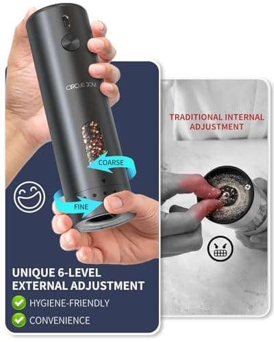CIRCLE JOY Rechargeable Electric Salt and Pepper Grinder Set with Base, Automatic Pepper Mills with 110ml Container, External Adjustable Coarseness, White Led Light and One-Handed Operation, Black - Thumbnail 2