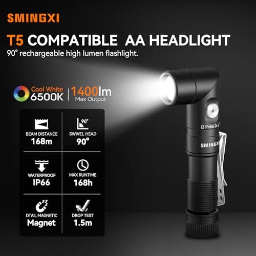 SMINGXI T5 1400 Lumens Rechargeable LED Flashlight, 90 Degree Adjustable Head, EDC Tactical Flashlight,Magnetic AA Pocket Work Light with Red Diffuser & Clip for Camping, Hiking, Emergency - Thumbnail 2