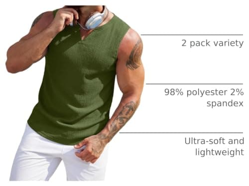 COOFANDY Mens Knit Tank Tops Casual Lighweight Sleeveless T Shirts Classic Fit Muscle Tank Slimming Tank Top Classic Black/Army Green - Thumbnail 4