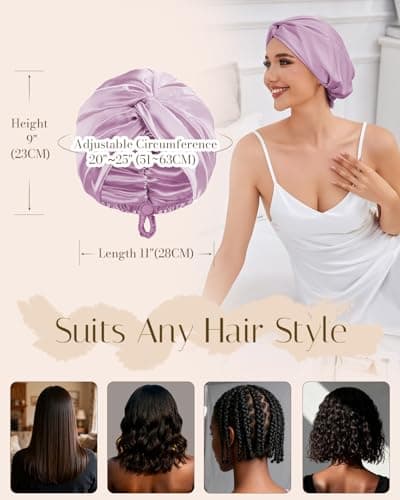 HFRHTGY Adjustable Silk Satin Hair Bonnet for Sleeping Women Hair Wrap, Double Layer Night Turban, Sleep Cap for Natural Curly Straight Unisex - Lavender - Thumbnail 6