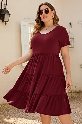 Younrui Women's Plus Size Midi Aline Casual Dress Short Sleeve Solid Babydoll Flowy Ruffle Hem Tiered Summer Dress (1XL-1001-Burgundy) - Thumbnail 4