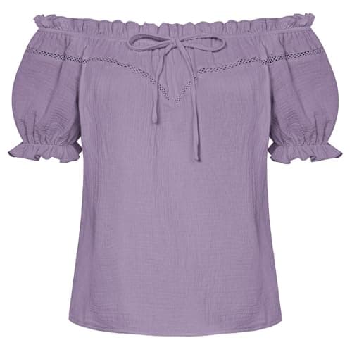 Peasant Blouse for Women Off Shoulder Puff Sleeve Cotton Loose Summer Tops Taro Purple 2XL - Image 1