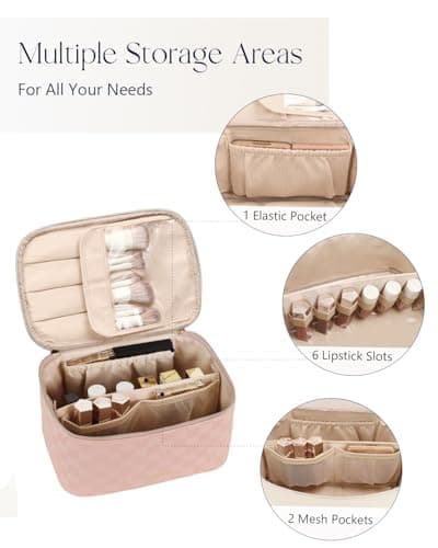 Prite Makeup Bag, Large Capacity Portable Travel Cosmetic Bag, Waterproof Makeup Organizer for Women with Handle and Divider (001 Checkered Pink) - Thumbnail 2